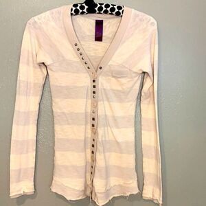 Free‎ People Henley rockin rugby cardigan cream & tan stripe metal studs s